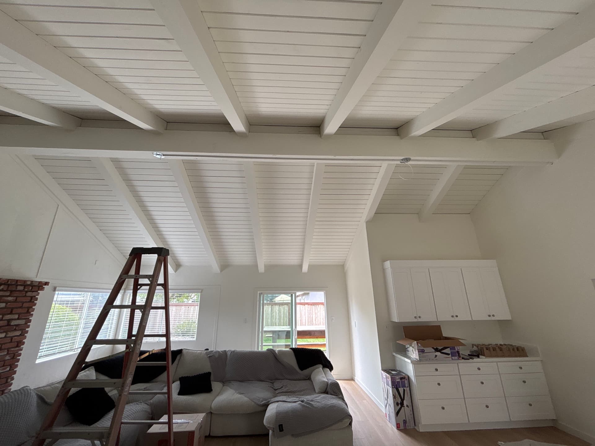 Gallery photos for Dual Ceiling Fan Install on Exposed Beam Living Room Ceiling: Image #1