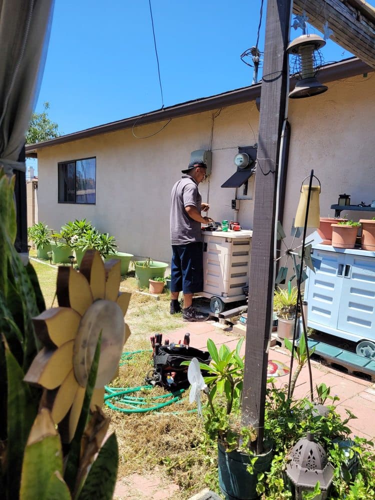 Person gardening in sunny backyard with potted plants and garden tools visible.