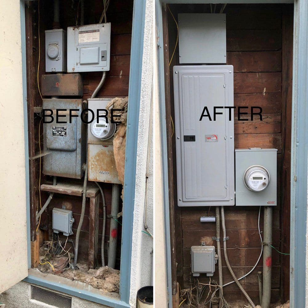 Before and after photo showing electrical panel upgrade and wiring improvements.