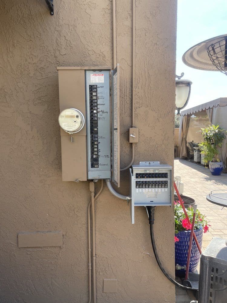 Electrical panel and meter on exterior wall, featuring multiple circuit breakers and outdoor decor.