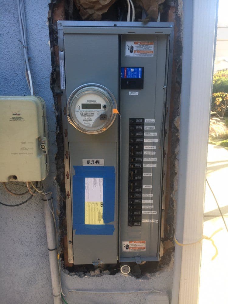 Eaton electrical panel with meter and multiple circuit breakers installed outdoors.